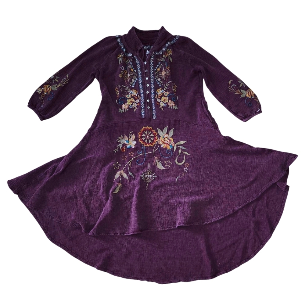 Kyla Seo Ox Blood Purple Iman Cotton Gauze Embroidered Flower Dress. Sz. S